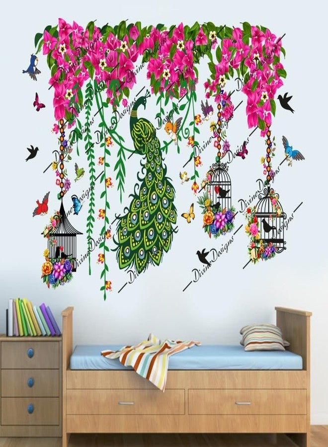 DivineDesigns ملصق حائط ذاتي اللصق من الفينيل PVC من DivineDesigns، بتصميم زهور وردية صيفية وقفص وطيور طاووس، لتزيين المنزل/غرفة المعيشة (متعدد الألوان) - Image 2
